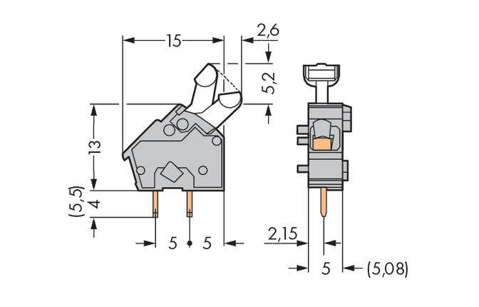 Technical Drawing of an Electrical Switch with Dimensions: 15 mm Width, 13 mm Height, 5 mm Depth. Details Showing Connector Pins.