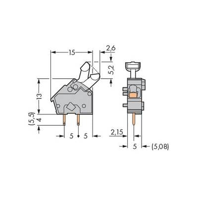 Technical Drawing of an Electrical Switch with Dimensions: 15 mm Width, 13 mm Height, 5 mm Depth. Details Showing Connector Pins.