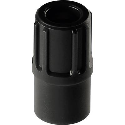 A black cylindrical plastic connector with ribbed sides, possibly part of a technical or mechanical device.