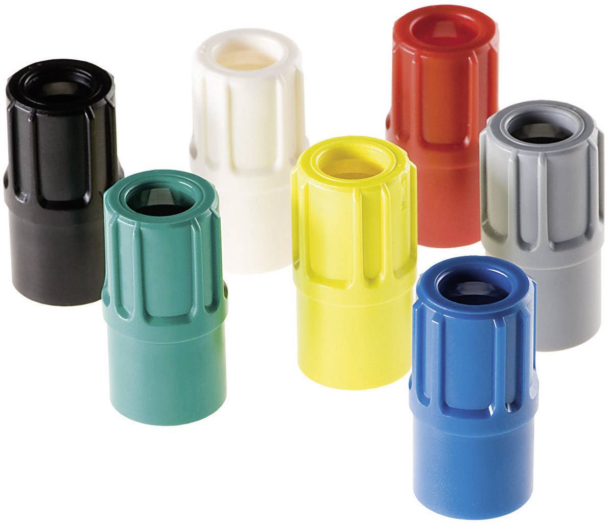 Various colourful plastic caps in a group, including black, white, red, yellow, blue, green and grey, stand upright.