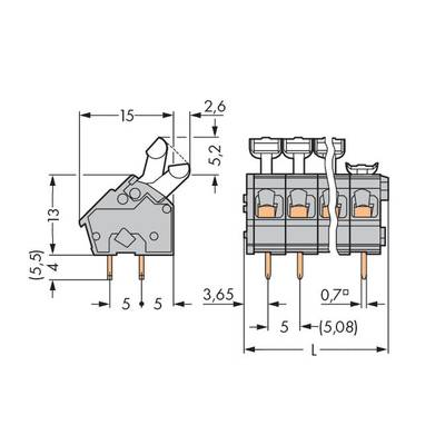 Technical drawing of an electrical connector, with detailed dimensions in millimetres for length, width, and height.