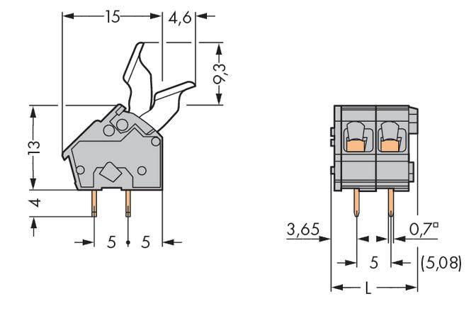 'Technical drawing of a switch with dimensions. Left: Side view showing lever and connections. Right: Front view showing connection pins.'