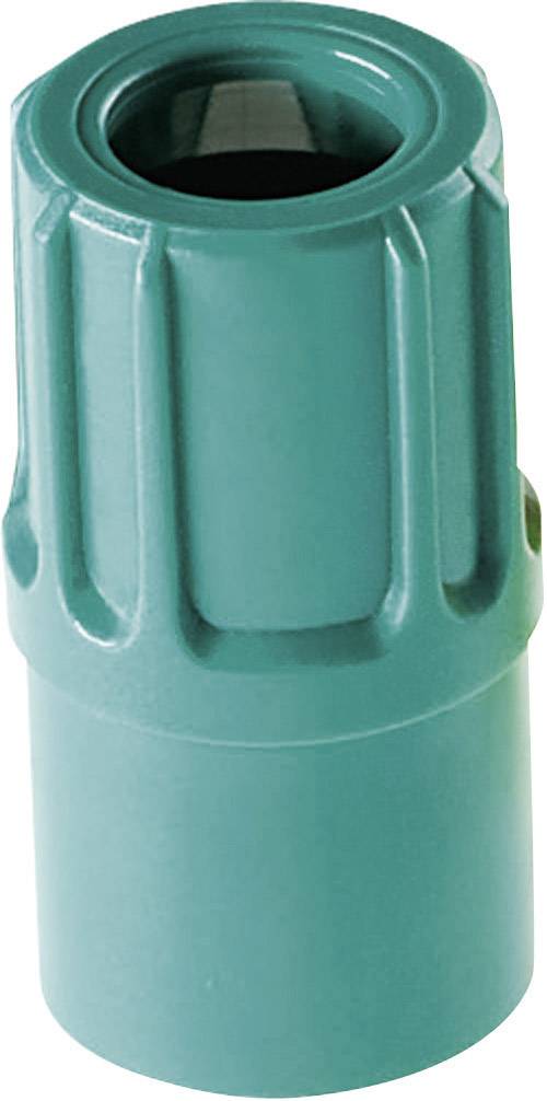 Green plastic adaptor, cylindrical, with ribbed sides. Used in technical or industrial applications.