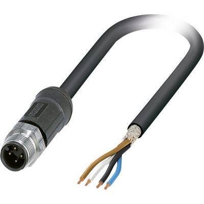 A black cable with a metal plug on the right side of the image, with stripped ends in white, brown, blue and black colours on the left.