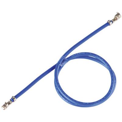Blue coaxial cable with two connectors, one straight, the other angled, for connecting electronic devices.