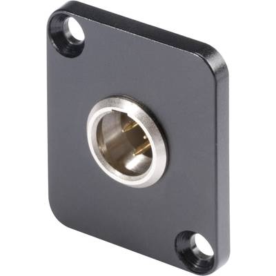 A rectangular, black connection plate adapter with a central round connection and two holes at the corners for mounting.