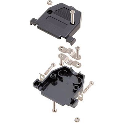Exploded diagram of a connector with housing components, screws, and metal clip. Shows assembly arrangement.