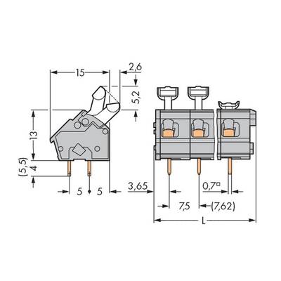 Drawing of an electrical connector with dimensions: width 15mm, height 13mm, depth 5mm. Pin spacing 5mm, pin length 3.65mm.