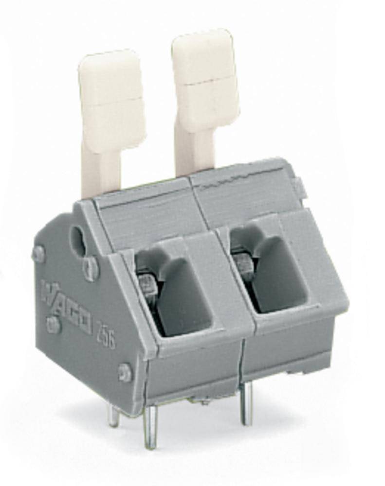 Grey two-pole WAGO terminal block with lever mechanism, enabling safe and tool-free connection of electrical cables.