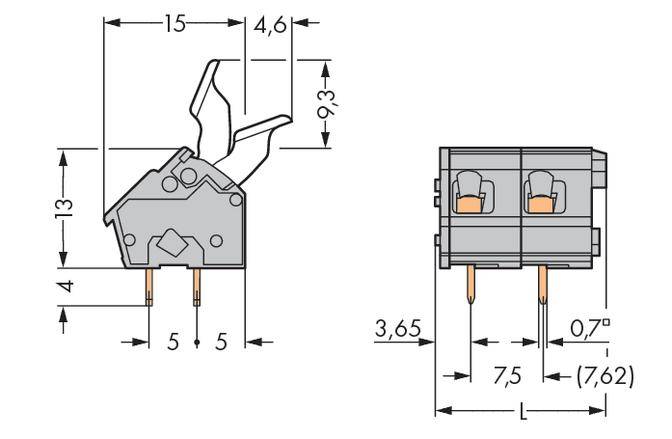 Technical drawing of a switch with dimensions. Front view: height 13 mm, width 9.3 mm. Side view shows 7.5 mm length.