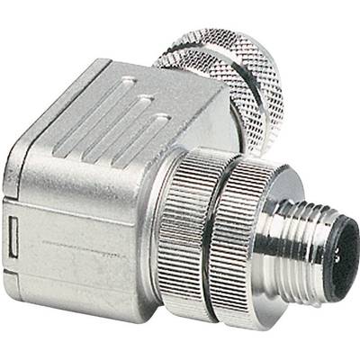 A silver, right-angled metallic plug with a knurled grip and circular threading. Suitable for industrial applications.