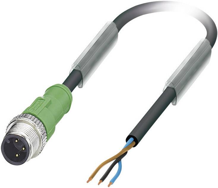 Green, industrial round plug cable with three exposed core wires at one end and a connector plug at the other end.