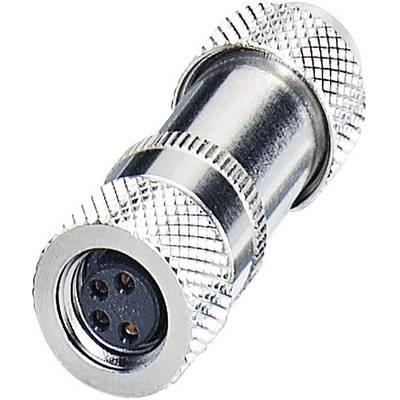 Metallic 4-pin cable plug in a cylindrical form with a knurled grip, suitable for industrial applications.
