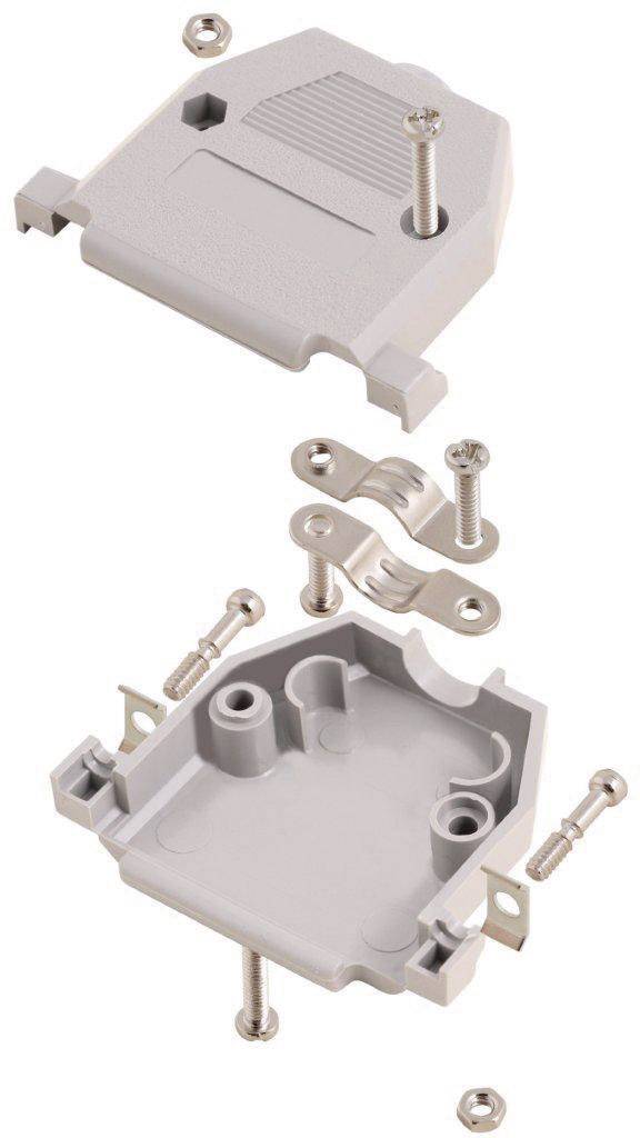 Exploded diagram of an enclosure kit with top and bottom sections, screws, and metal mounting bracket. Illustrates how components fit together.