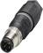 A black audio plug with three pins and a silver metal casing.