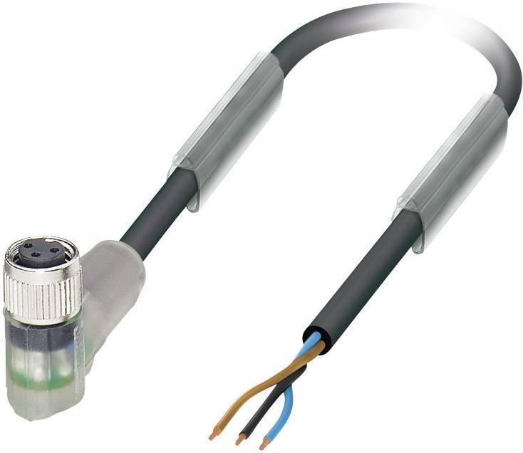 A M12 connector with an angled cable and stripped wire ends. Suitable for industrial applications.