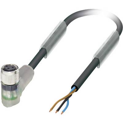 A M12 connector with an angled cable and stripped wire ends. Suitable for industrial applications.