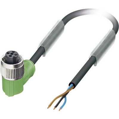 'An angled, green sensor plug with exposed cable ends, suitable for electrical engineering applications.'