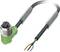 'An angled, green sensor plug with exposed cable ends, suitable for electrical engineering applications.'