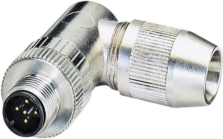 'A silver, angled adapter with multiple pins for electronic connections.'