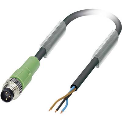 Illustration of an electrical plug with three exposed wires; green-black cable sheath, suitable for industrial applications.