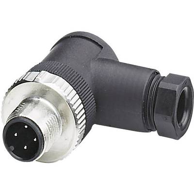 A black, angled 4-pole connector with metal threading, typically used in electronic connections.