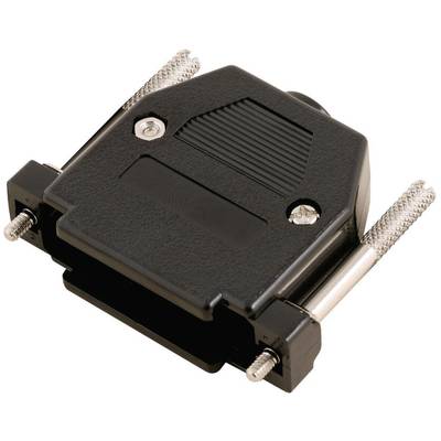 Black D-sub connector housing with screws and knurling on the handle for secure attachment to a cable or device.