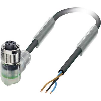 An L-shaped electrical cable with a metal plug and exposed cable ends in blue and brown, suitable for industrial applications.