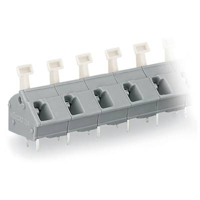 Grey electrical connector with six terminals, vertical levers on top and metal pins at the bottom.