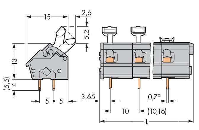 Electrical circuit diagram of a plug connection with dimensions in millimetres. Contains 2 terminals and detailed measurements for precise installation.