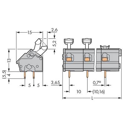 Electrical circuit diagram of a plug connection with dimensions in millimetres. Contains 2 terminals and detailed measurements for precise installation.