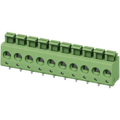 Green printed circuit board terminal block with rows of slots for connections. Suitable for mounting electronic components.