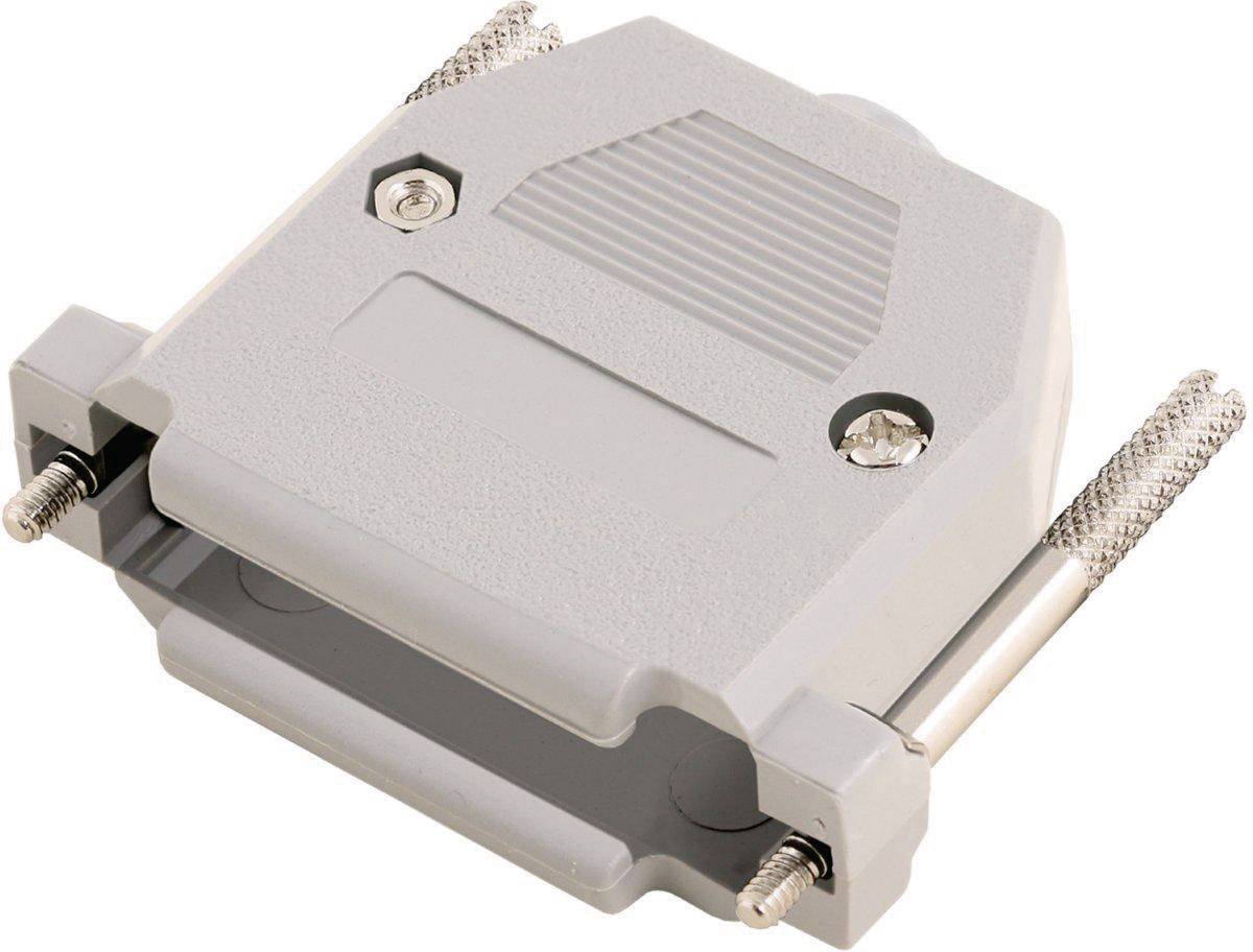 A grey D-sub connector housing with two securing screws. It protects and organises the cable connections.