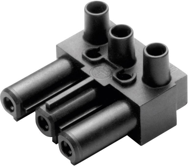A square black plastic plug with three round connectors and mounting brackets on top, suitable for electronic connections.