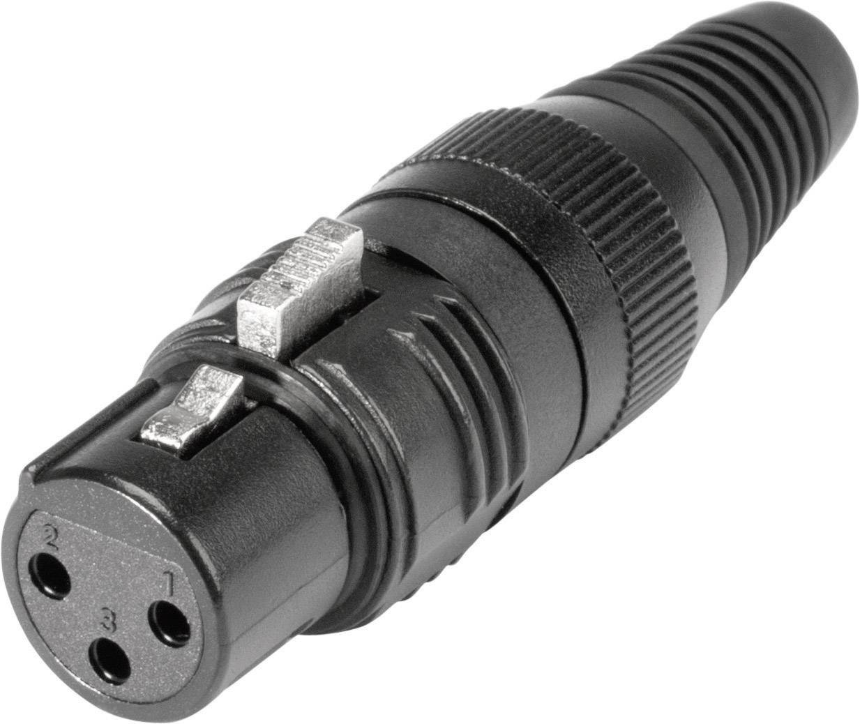 A black 3-pin XLR socket with metal locking mechanism, commonly used for professional audio connections.