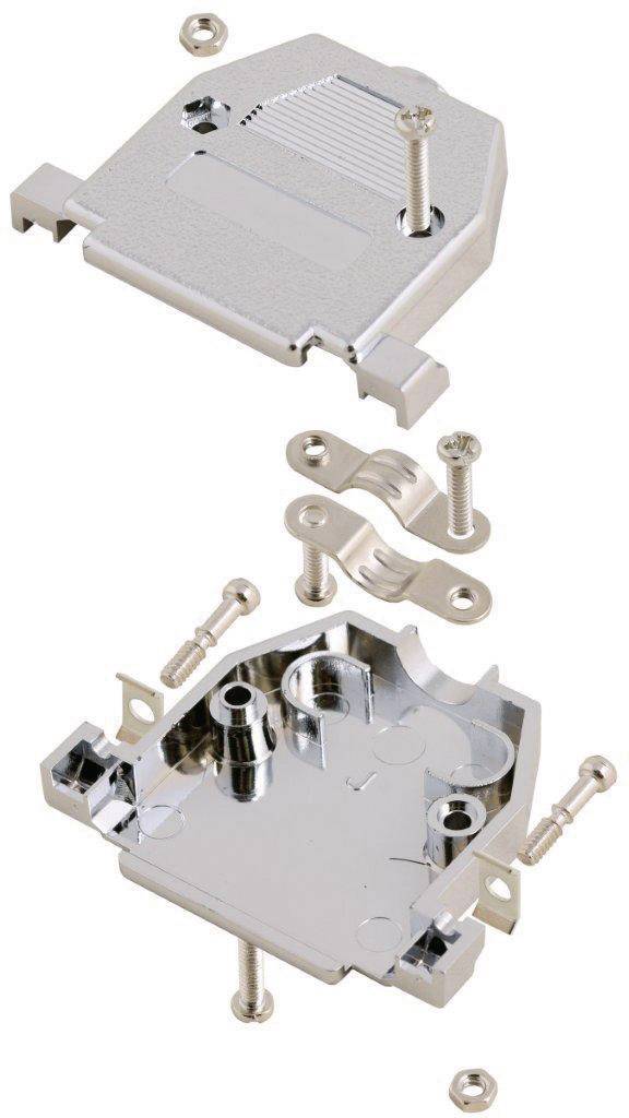 Exploded view of a metal connector with housing and screws, showing the structure and assembly of the components.