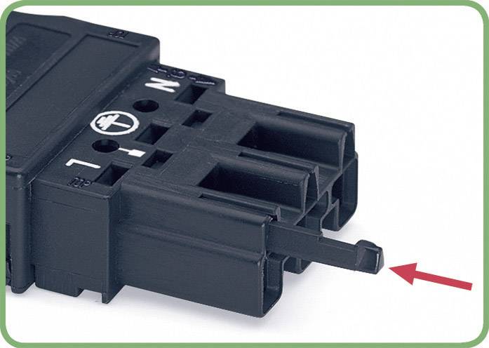 Electrical connector with a red arrow pointing to a small rectangular protrusion. This component connects cables.