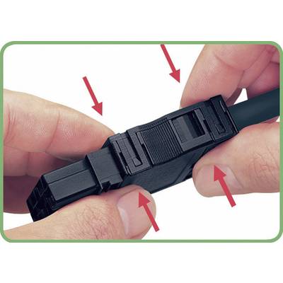 Hands holding a black plastic plug, red arrows pointing to different parts of the plug. Instructions for correct connection.