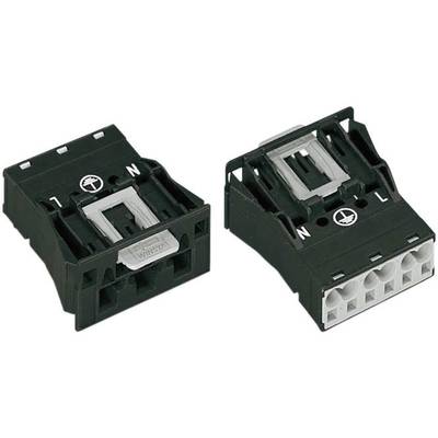 Two black electrical connectors with terminals and markings 'N' and 'L', suitable for safe wiring.