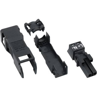 Four black plastic parts that belong together. A connector system consisting of multiple elements for wiring.