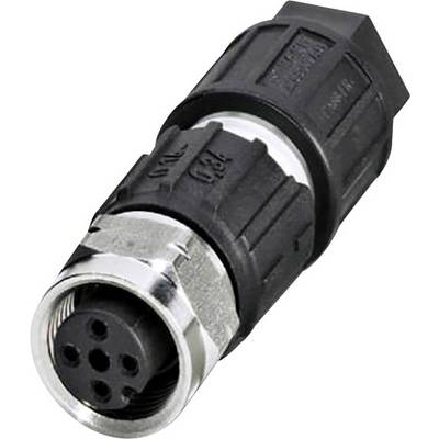 Black, five-pin electrical connector with circular metal housing, suitable for industrial applications.