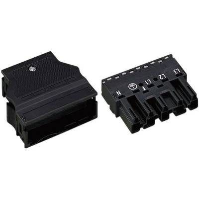 Two black electrical connectors, one with multiple socket markings, the other with a plastic housing for covering.
