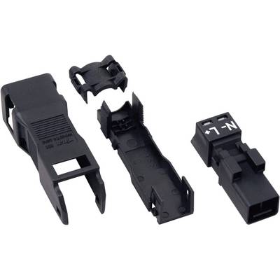 Multi-part black connector with open housing components and marking '+N-L'. Primarily shown for installation purposes.