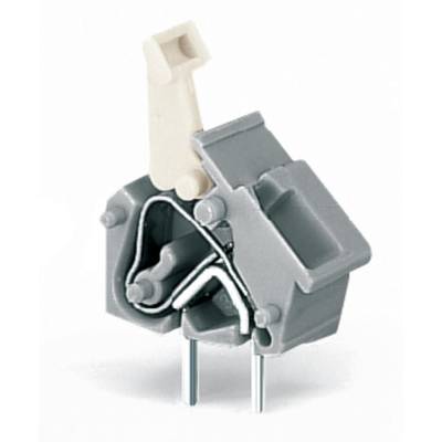 A grey electrical connector with two metal pins and a beige plastic clip in a raised position.