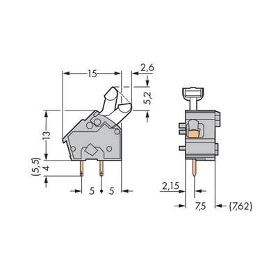 Technical drawing of a switch with dimensions: 2.6 x 15 x 5.2 mm, pin spacing 5 mm. Shows side view and front view.