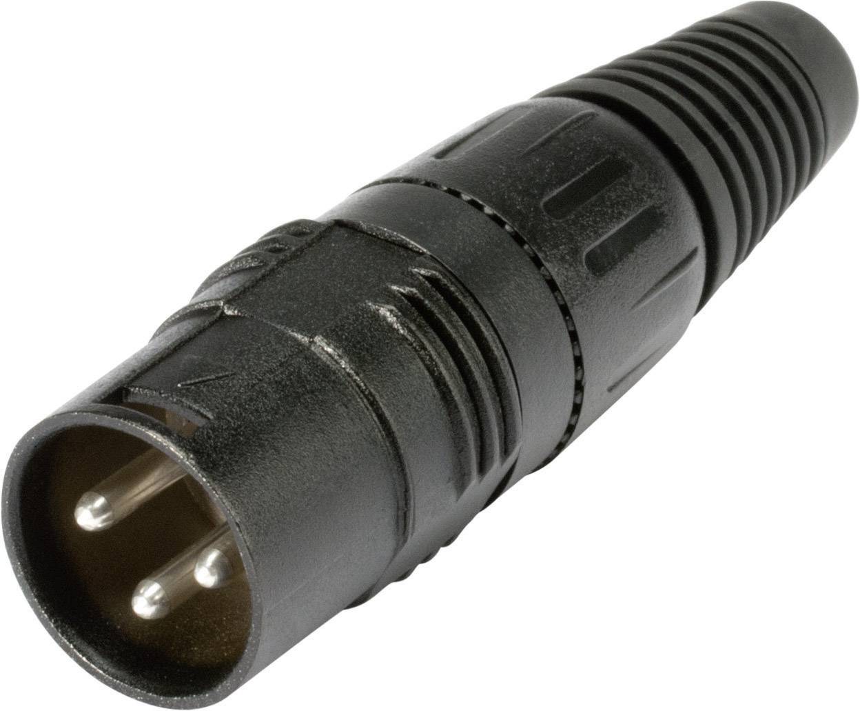 'A black XLR plug with three metal pins, suitable for audio connection.'