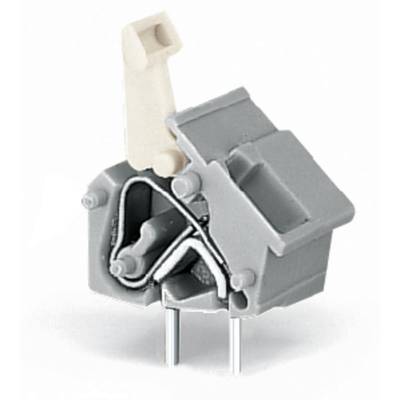 A grey mechanical switch with two metal pins at the bottom and a white lever at the top for turning on and off.