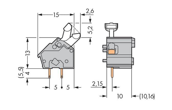 Drawing of an electrical switch with dimensions: height 13 mm, width 10 mm, various parts marked. Two views shown.