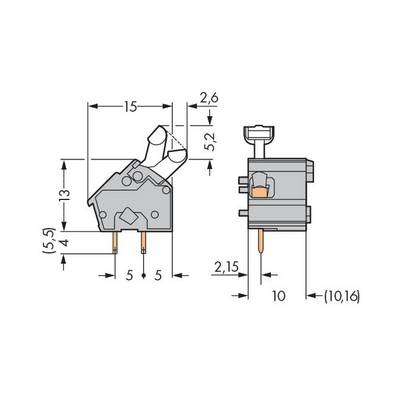 Drawing of an electrical switch with dimensions: height 13 mm, width 10 mm, various parts marked. Two views shown.