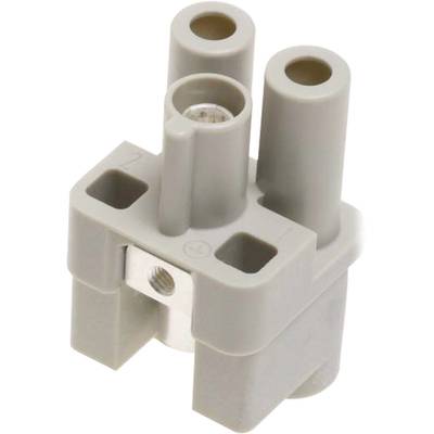 A grey, three-pin electrical connector made of plastic and metal, with two square and one round socket.